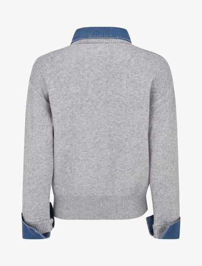 Pull uni à empiècement denim - Gris - 2
