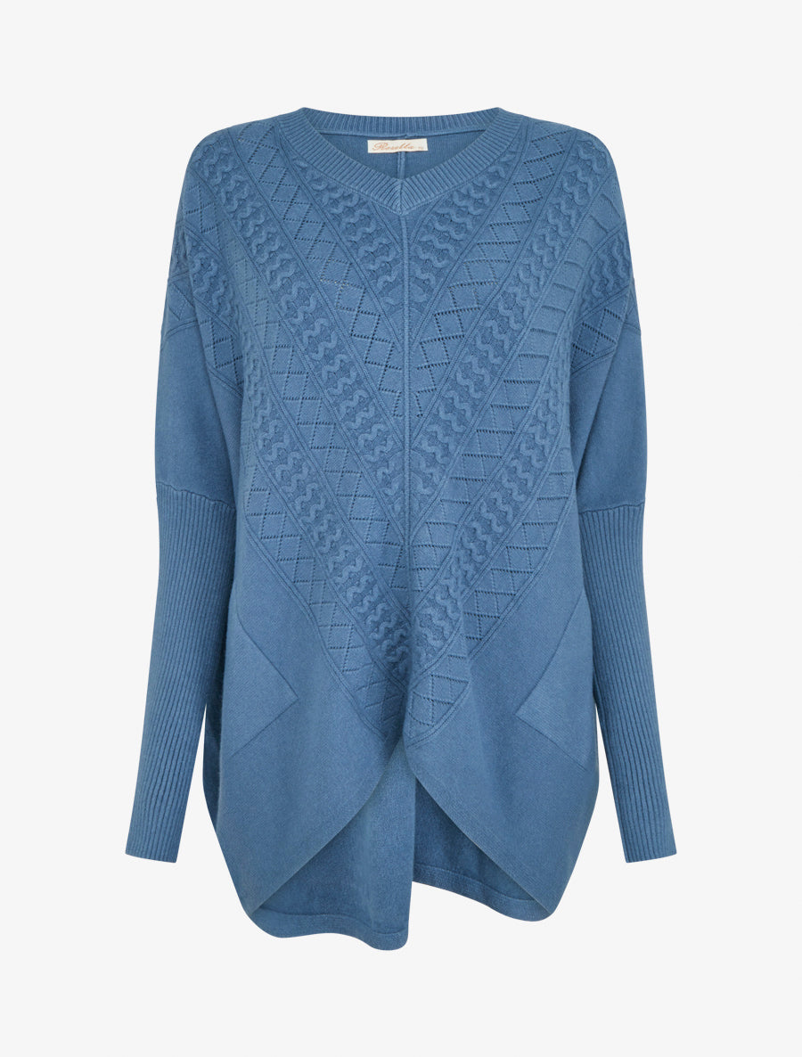 Poncho asymétrique à manches longues et poches - Bleu - 1