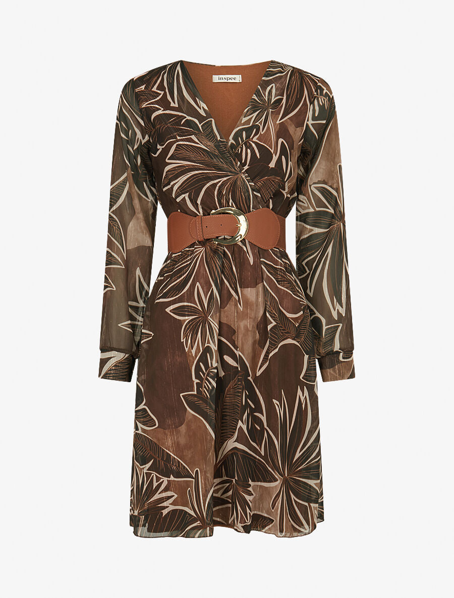 Robe légère en voile lamé imprimé feuillage - Marron - 4