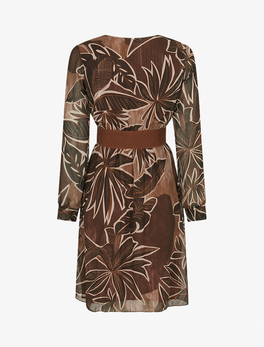 Robe légère en voile lamé imprimé feuillage - Marron - 2