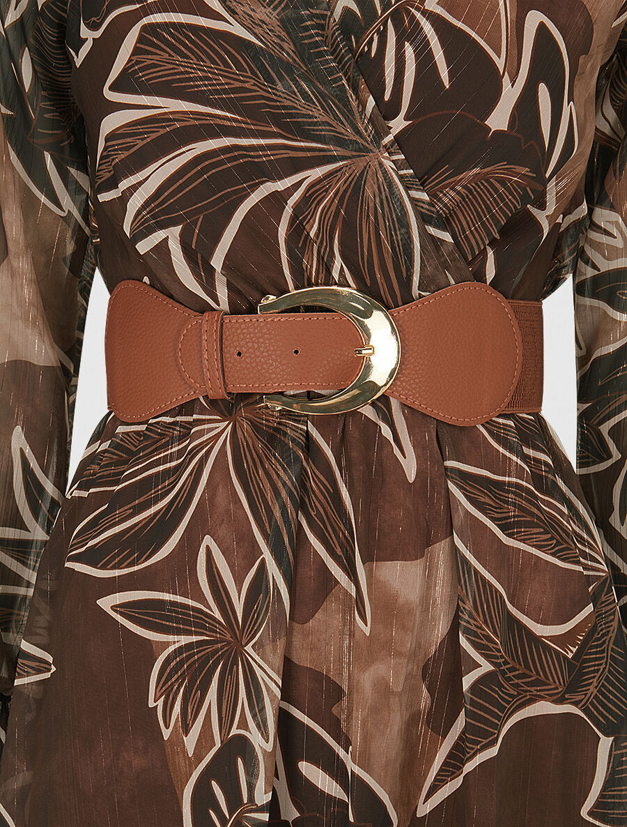 Robe légère en voile lamé imprimé feuillage - Marron - 3
