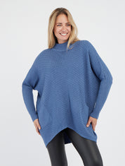 Poncho asimmetrico con collo alto - Blu