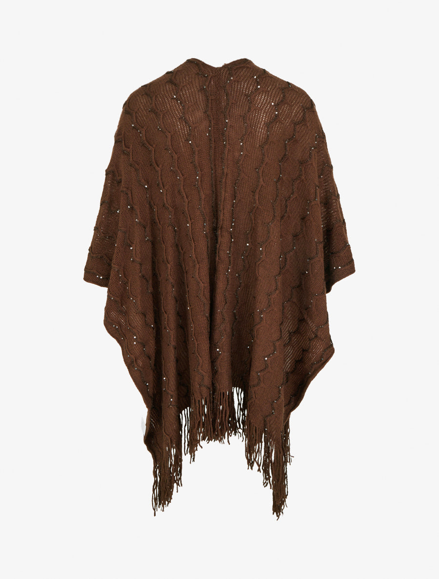 Poncho mi-long uni à franges et sequins - Marron - 2