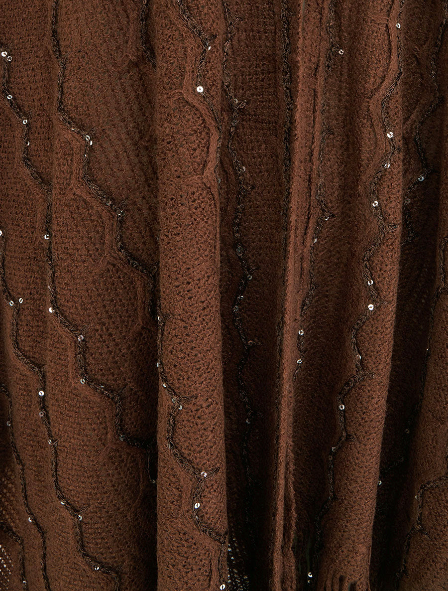 Poncho mi-long uni à franges et sequins - Marron - 3