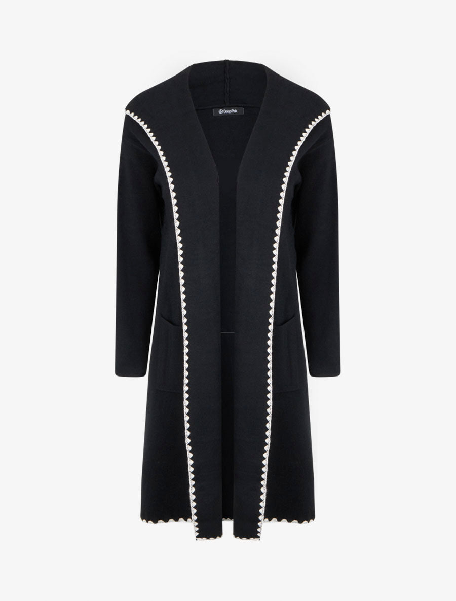 Gilet lungo con cappuccio e bordino ricamato - Nero
