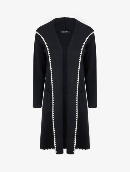 Gilet lungo con cappuccio e bordino ricamato - Nero