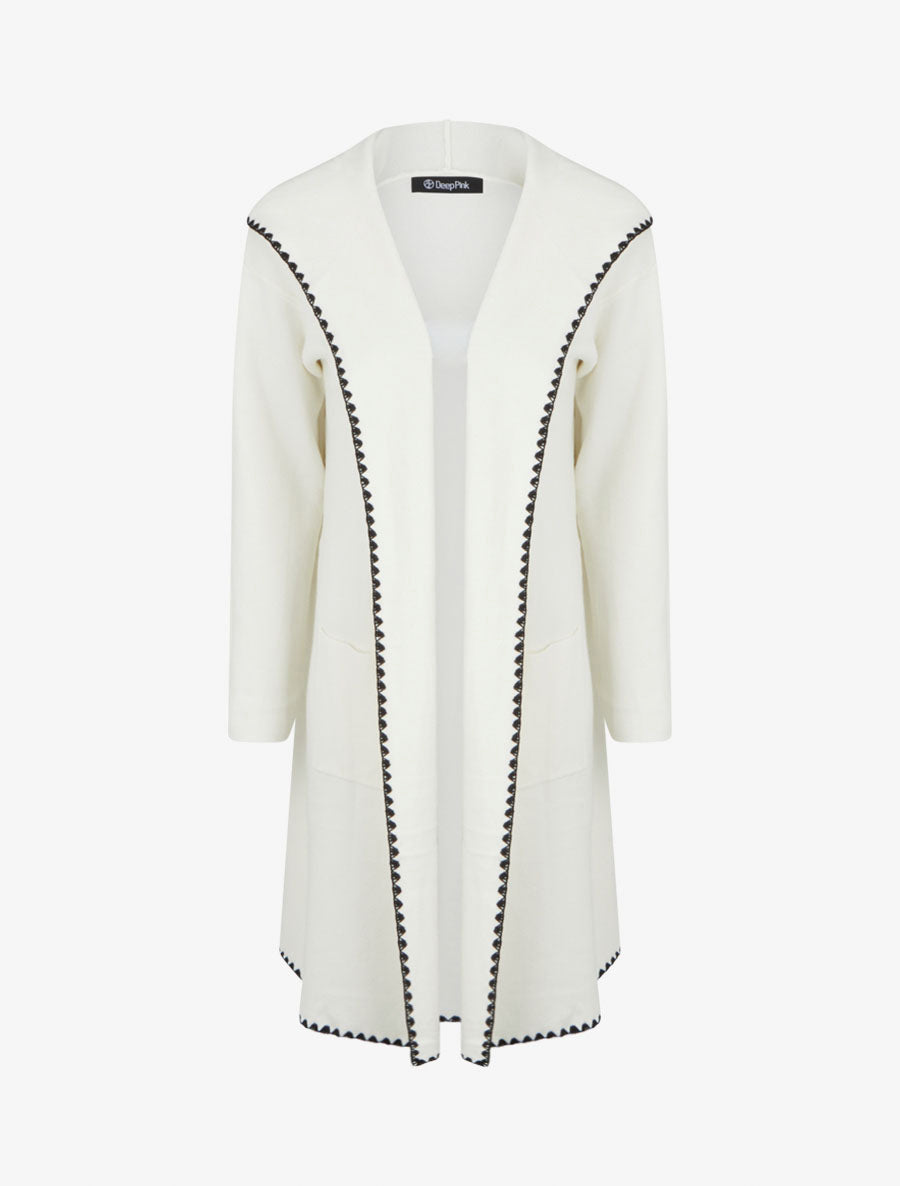 Gilet lungo con cappuccio e bordino ricamato - Ecrù