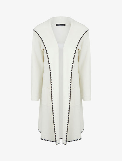Gilet lungo con cappuccio e bordino ricamato - Ecrù