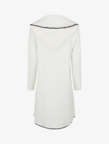 Gilet long à capuche et liseré brodé - Écru - 2