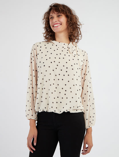 Top a pois con colletto lavallière - Beige