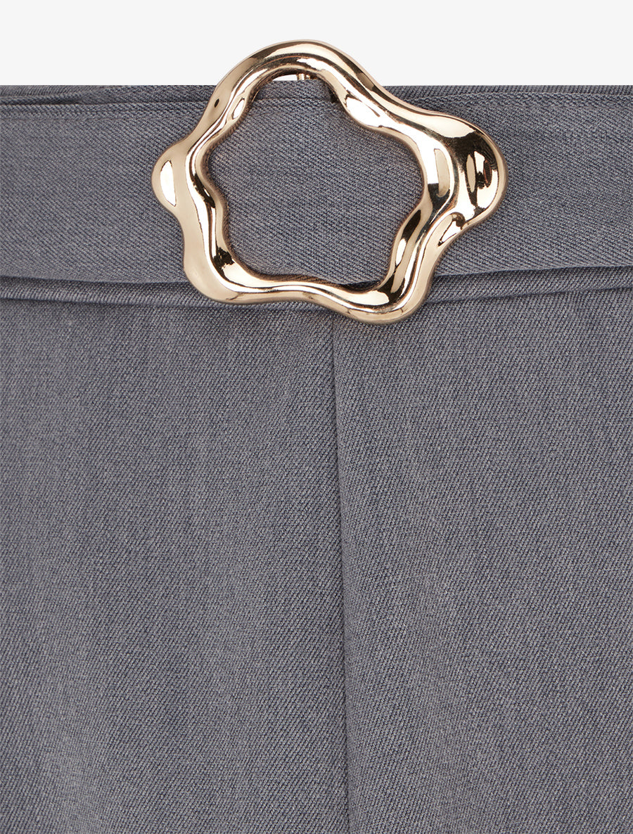 Jupe mi-longue unie à empiècement bijou - Gris - 3