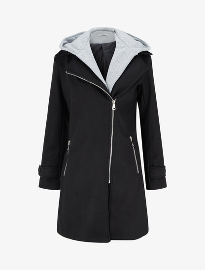Manteau zippé à capuche en sweat - Noir - 1