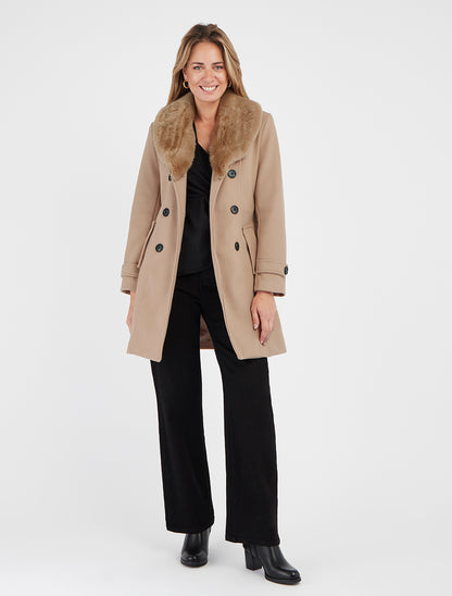 Cappotto con collo in pelliccia sintetica rimovibile - Camello chiaro