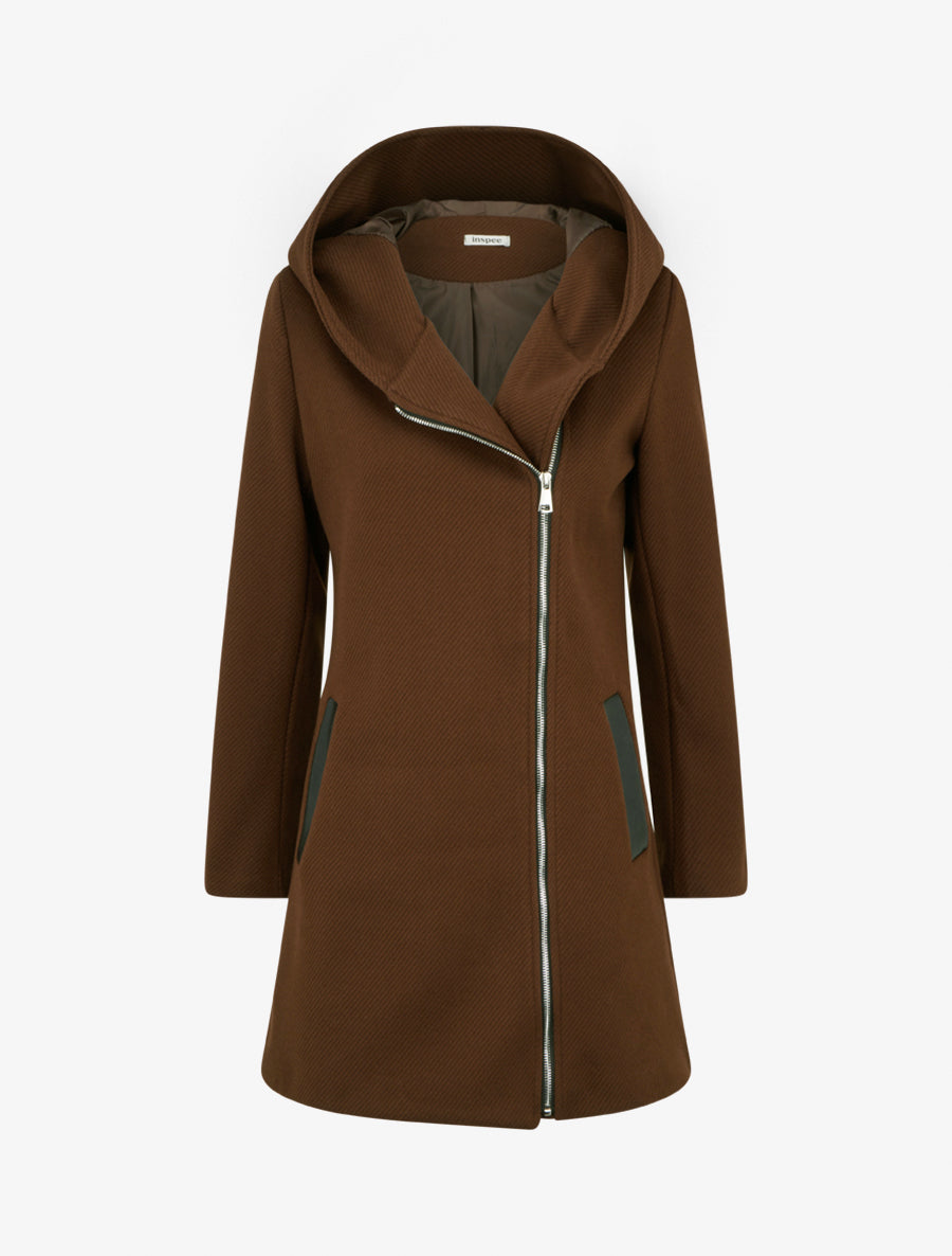 Manteau à capuche et empiècements simili - Marron - 1