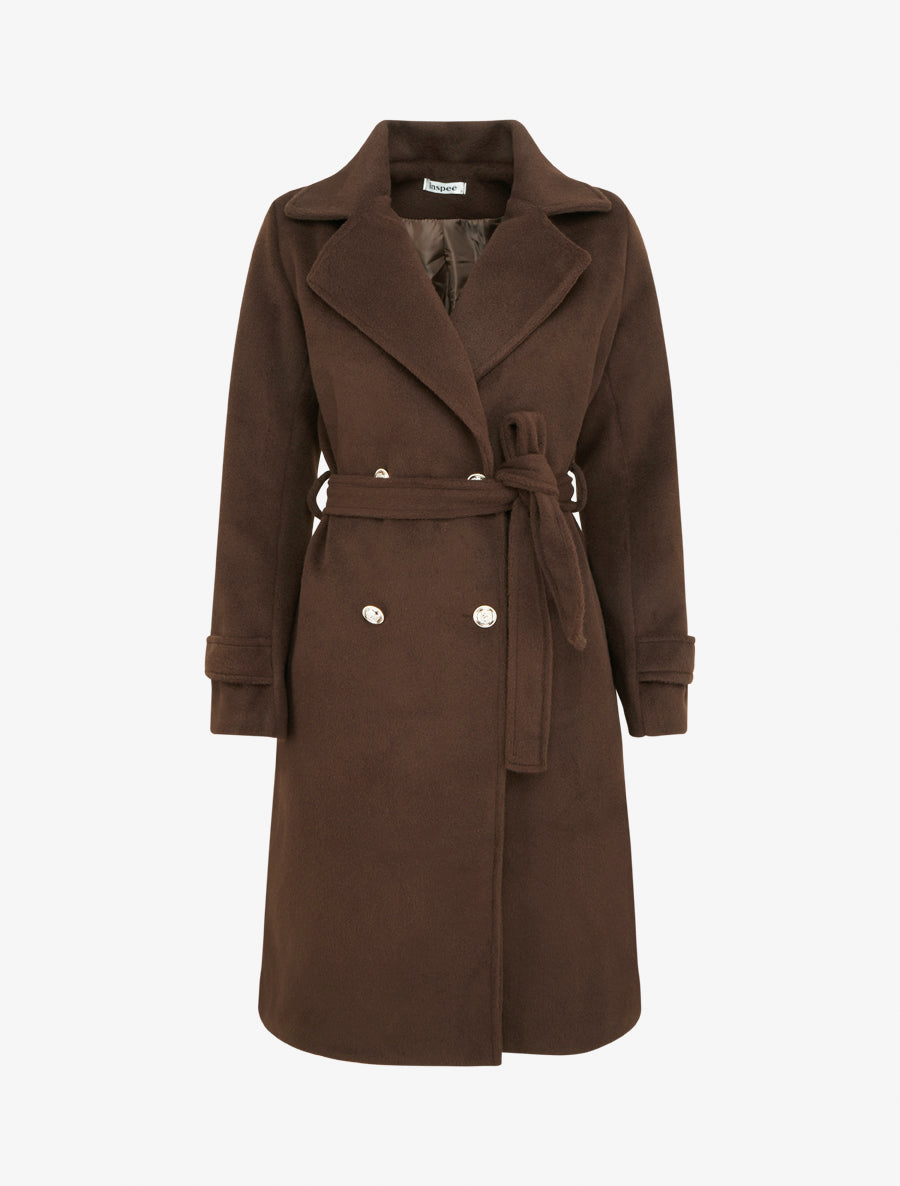 Manteau long uni à bouton décoratif - Marron - 1