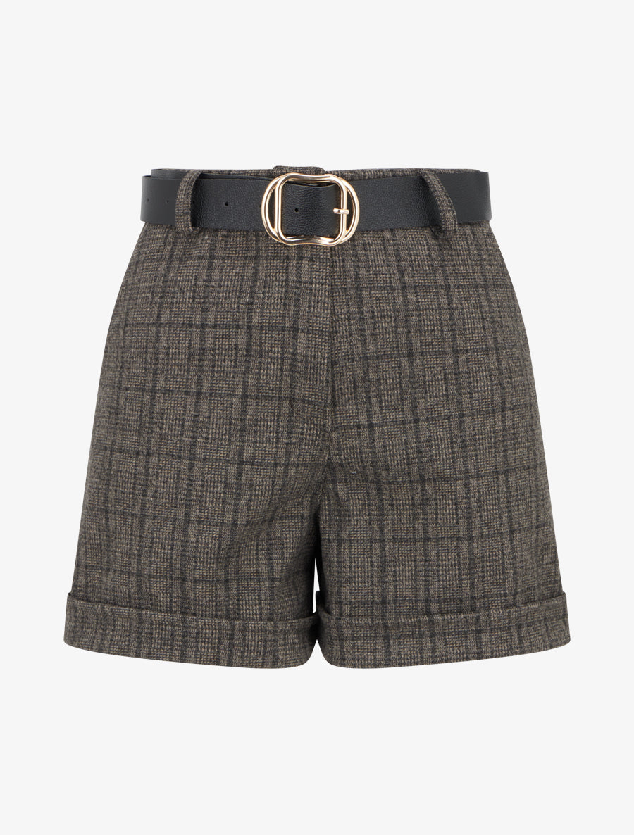 Short à revers imprimé tartan - Noir - 1
