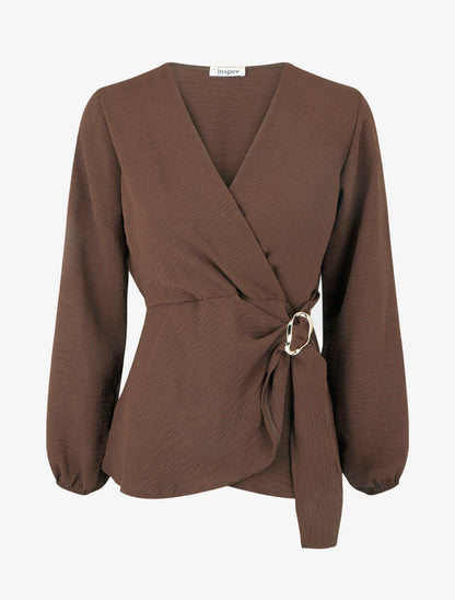 Blusa unita stile portafoglio con collo cache-coeur - Marrone