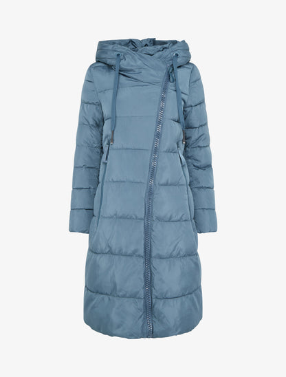 Doudoune longue à capuche et zip en biais - Bleu - 1