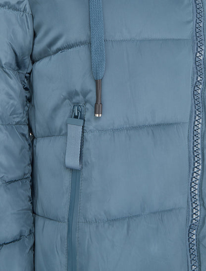 Doudoune longue à capuche et zip en biais - Bleu - 3