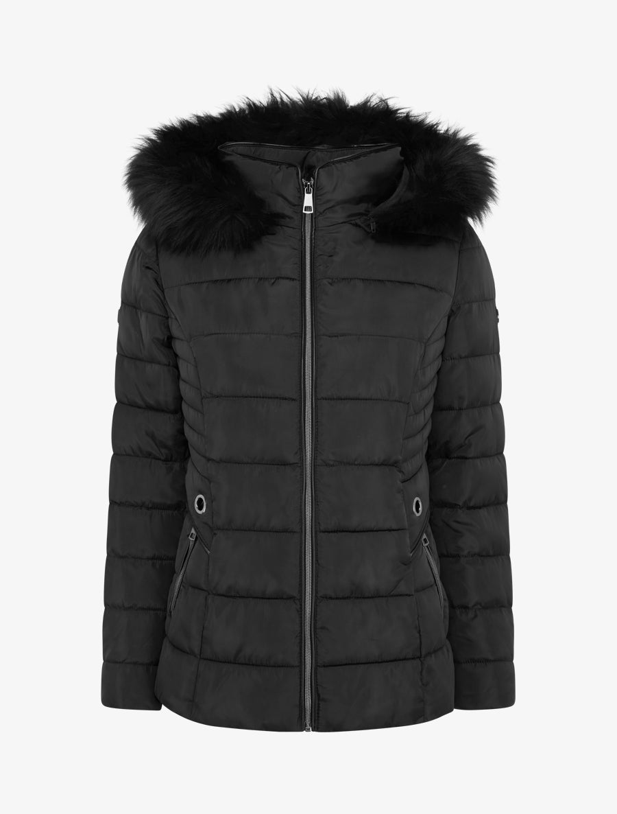 Doudoune droite à capuche en fourrure synthétique - Noir - 1