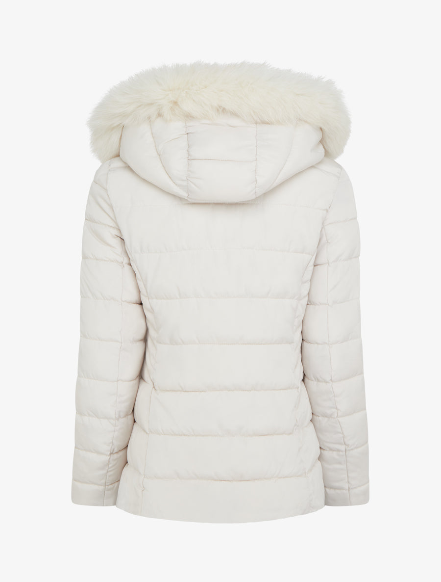 Doudoune droite à capuche en fourrure synthétique - Écru - 2