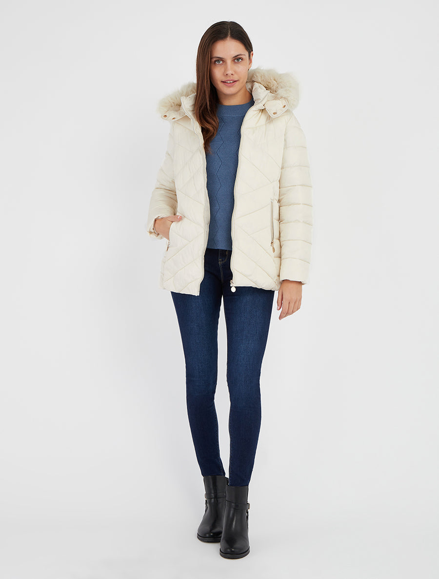 Doudoune matelassée à capuche fourrure synthétique - Crème - 8