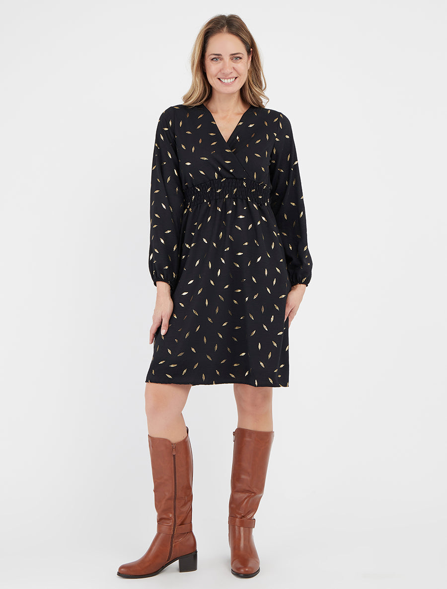 Abito svasato con stampa di piume dorate - Nero