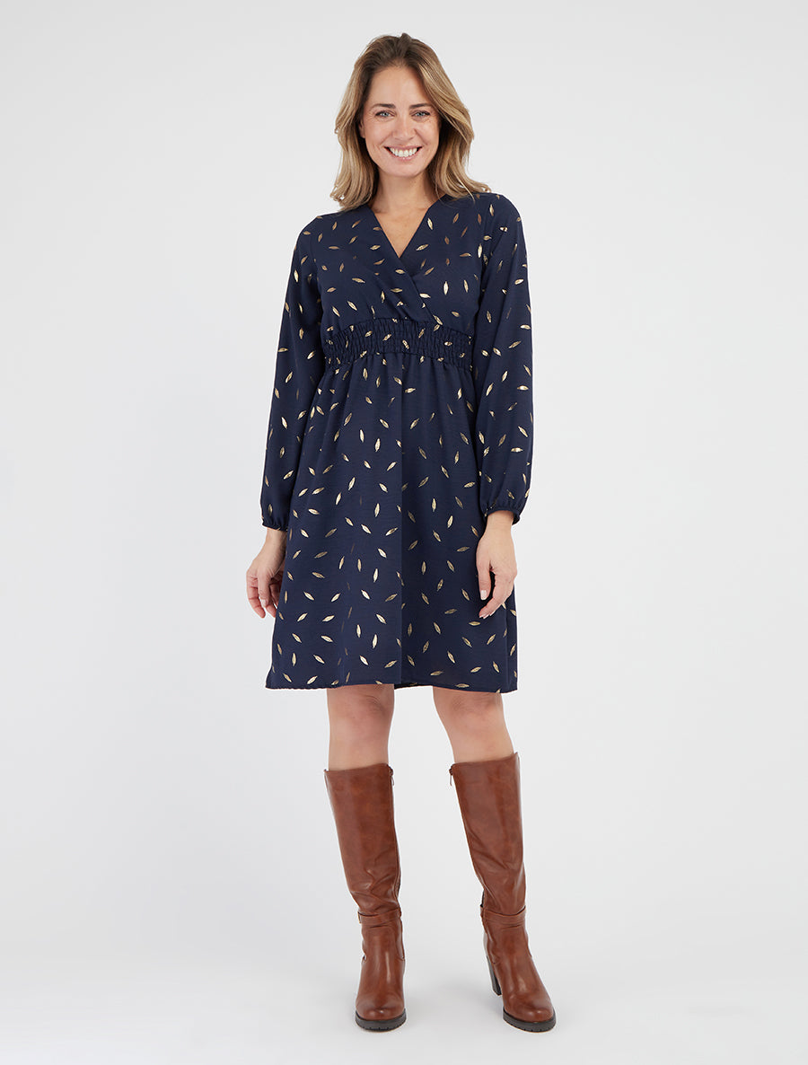 Abito svasato con stampa di piume dorate - Marina