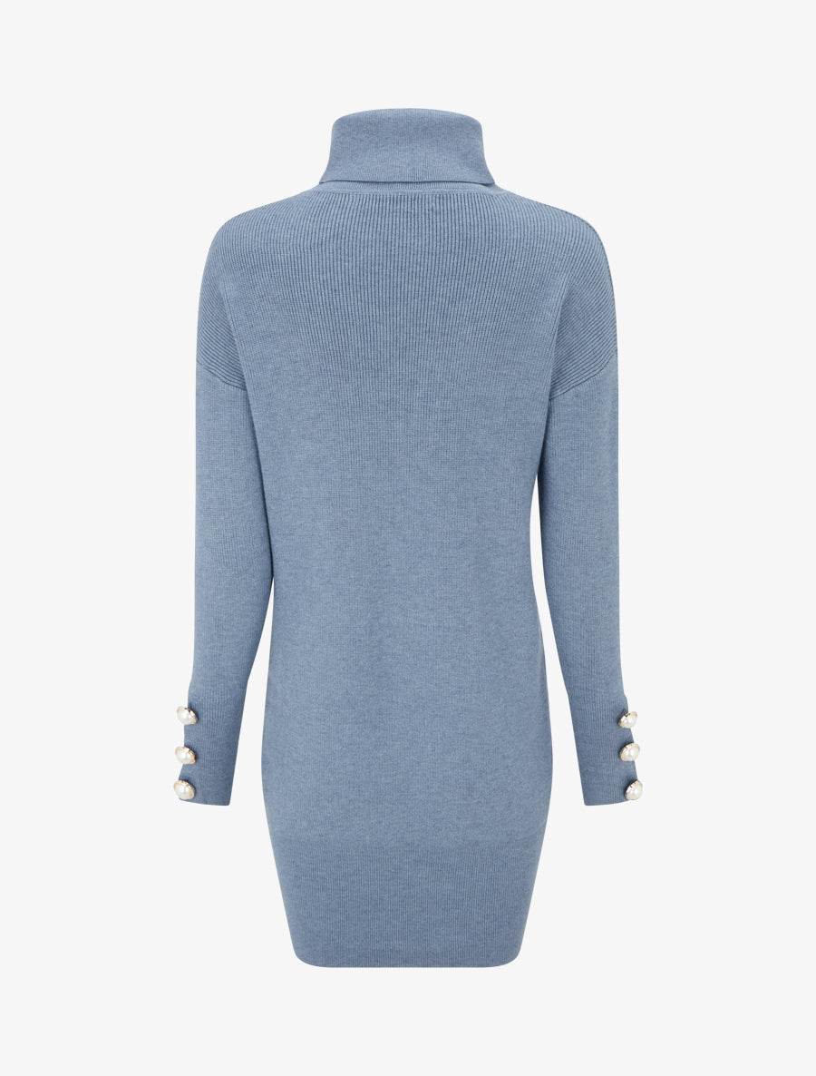 Pull long à boutons décoratifs aux manches - Bleu - 2
