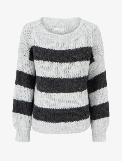 Pull rayé à col rond - Gris - 1