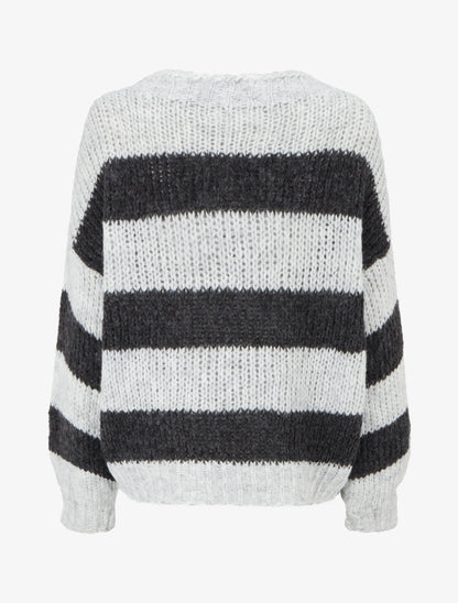 Pull rayé à col rond - Gris - 2