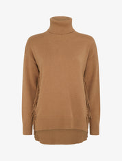 Pull uni à col roulé et franges - Camel - 1