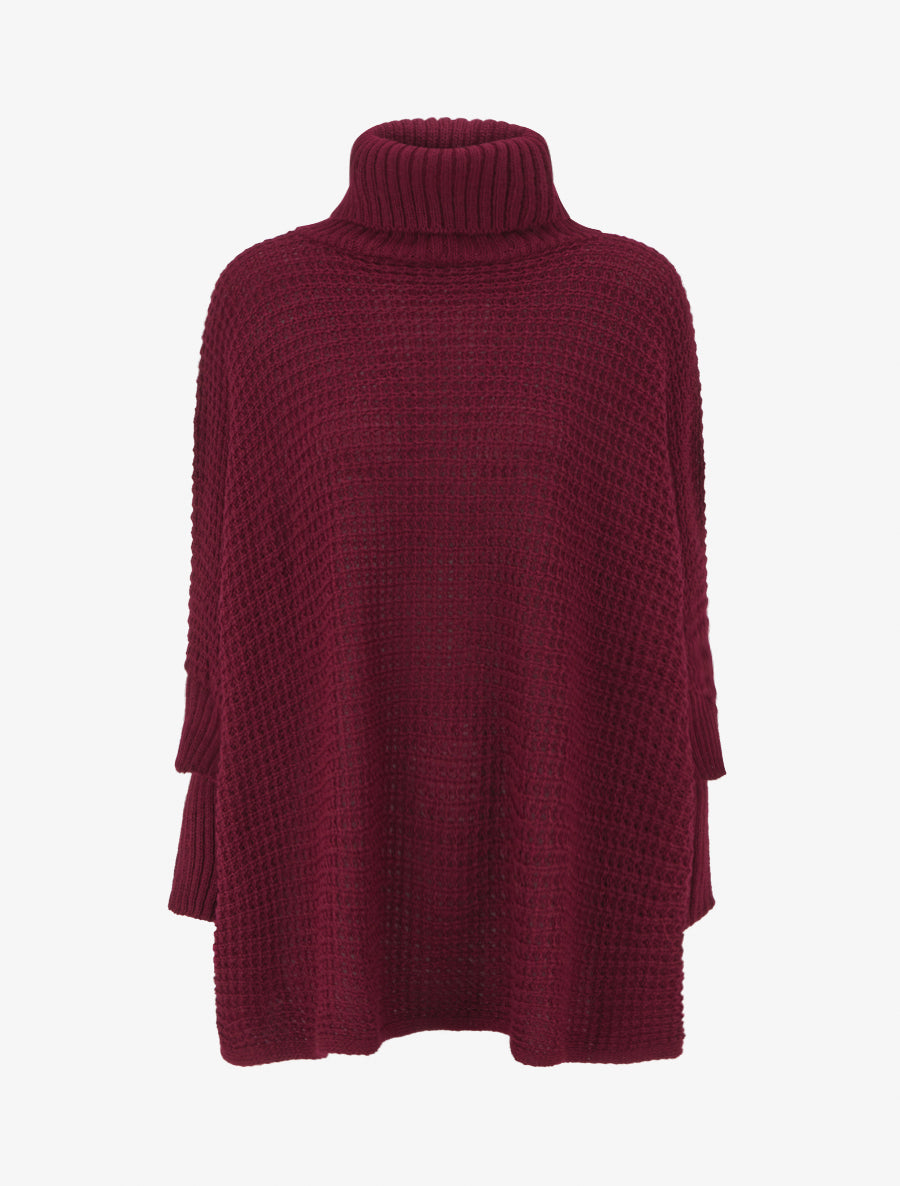 Pull carré style poncho à col roulé - Lie de vin - 1