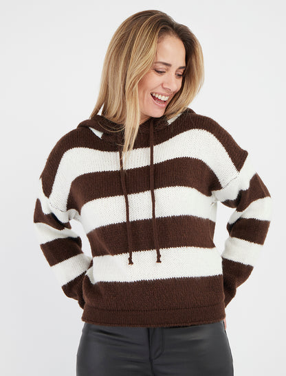 Felpa a righe con cappuccio - Marrone