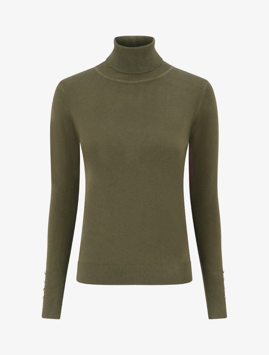 Pull fin à col roulé et boutons décoratifs - Kaki - 1