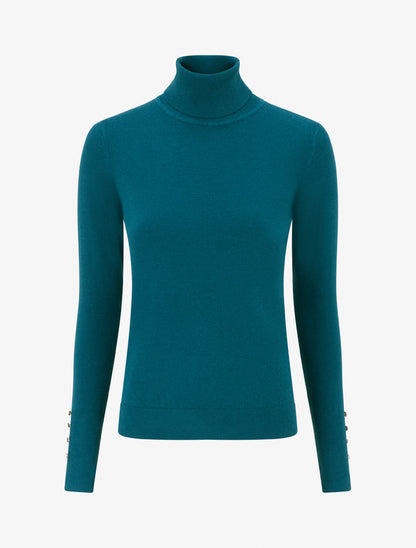 Pull fin à col roulé et boutons décoratifs - Bleu canard - 1