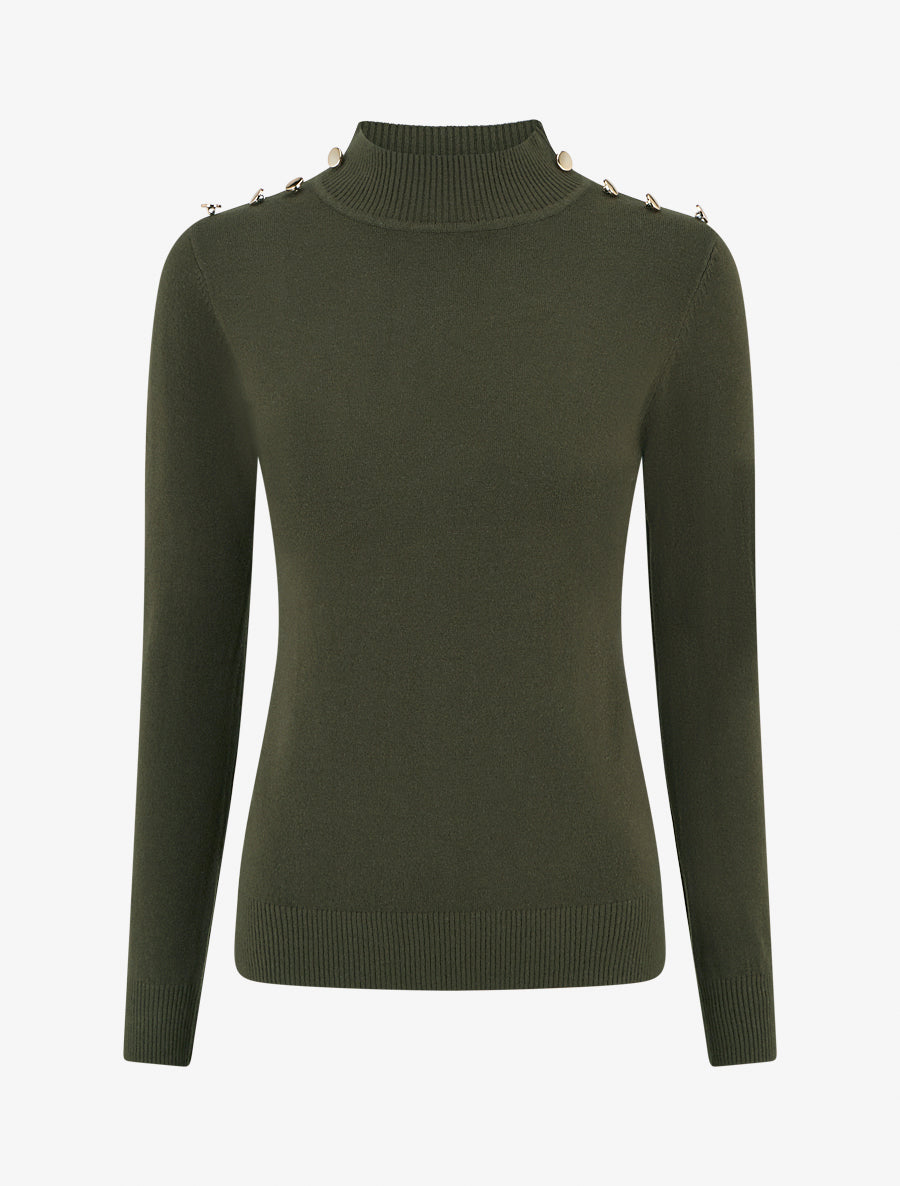 Pull ajusté à col montant et boutons - Kaki - 1