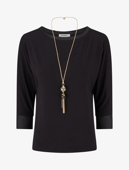 Top uni à empiècement en satin - Noir - 1