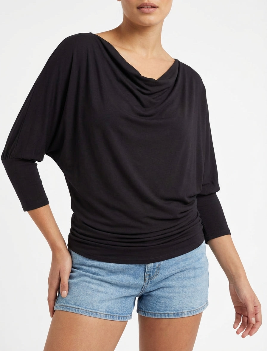 Top fluido a maniche 3/4 pipistrello - Nero