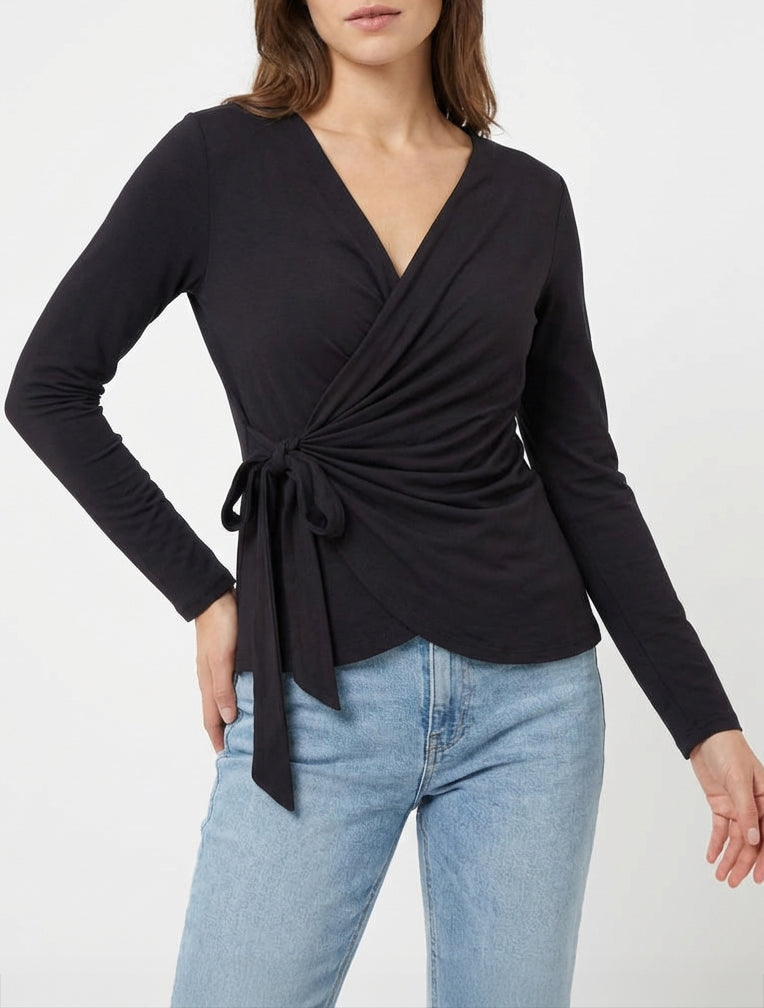 Top unito con scollo a portafoglio - Nero