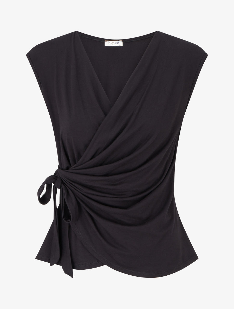 Top uni sans manches à col cache coeur - Noir - 1
