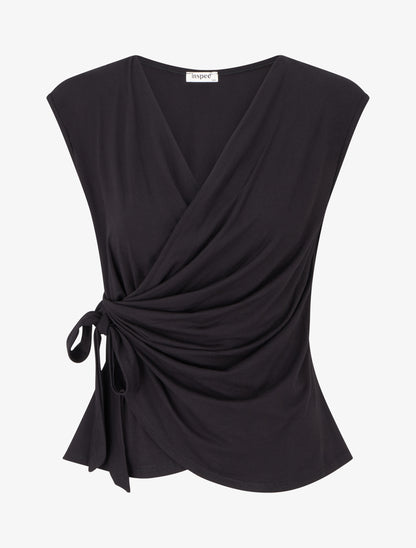 Top uni sans manches à col cache coeur - Noir - 1