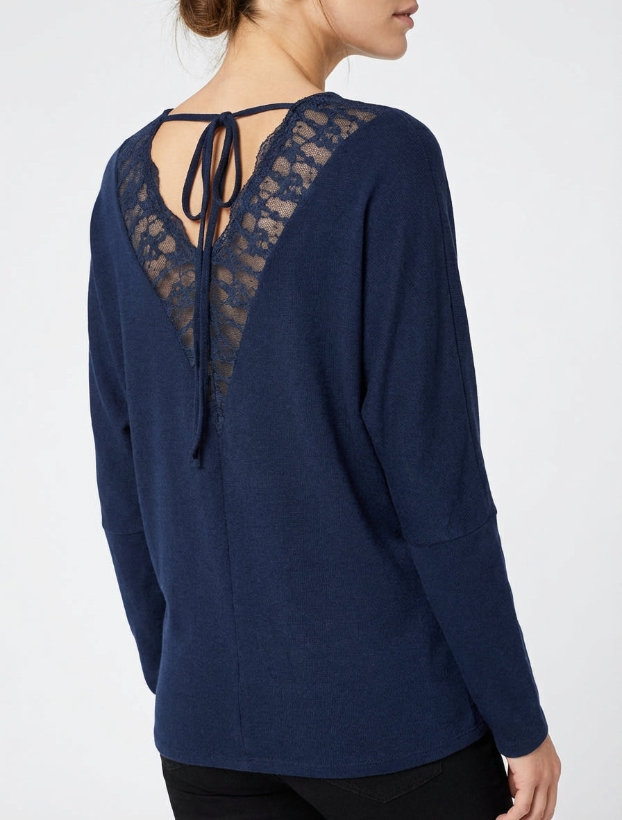 Maglia sottile unita con inserto in pizzo sul retro - Marina