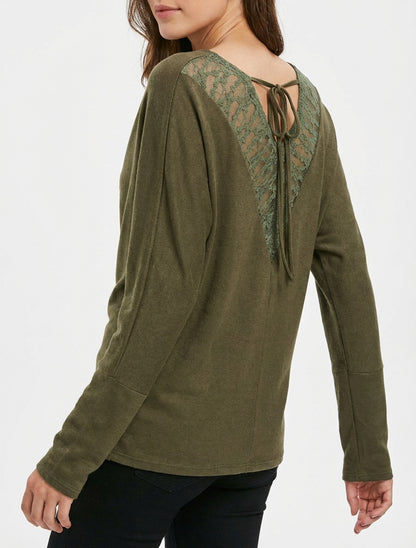 Maglia sottile unita con inserto in pizzo sul retro - Cachi