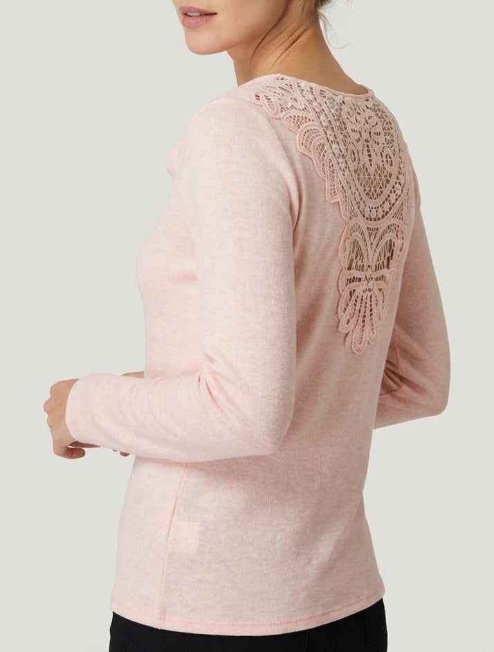 Maglione con schiena ricamata e collo a cascata. - Rosa