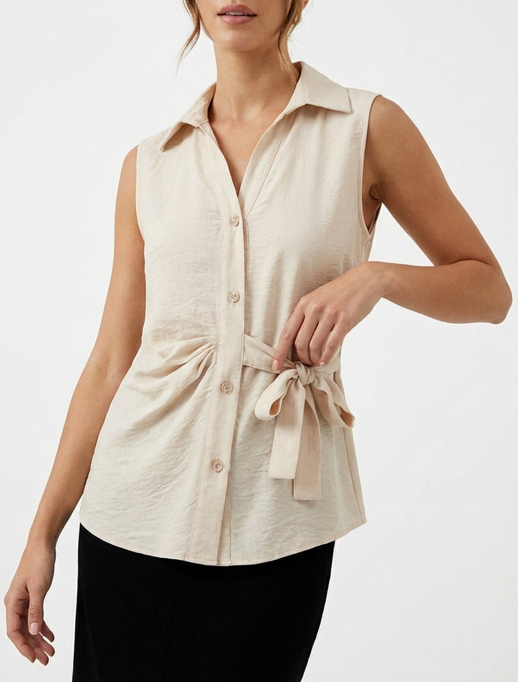 Blusa senza maniche effetto drappeggiato - Beige