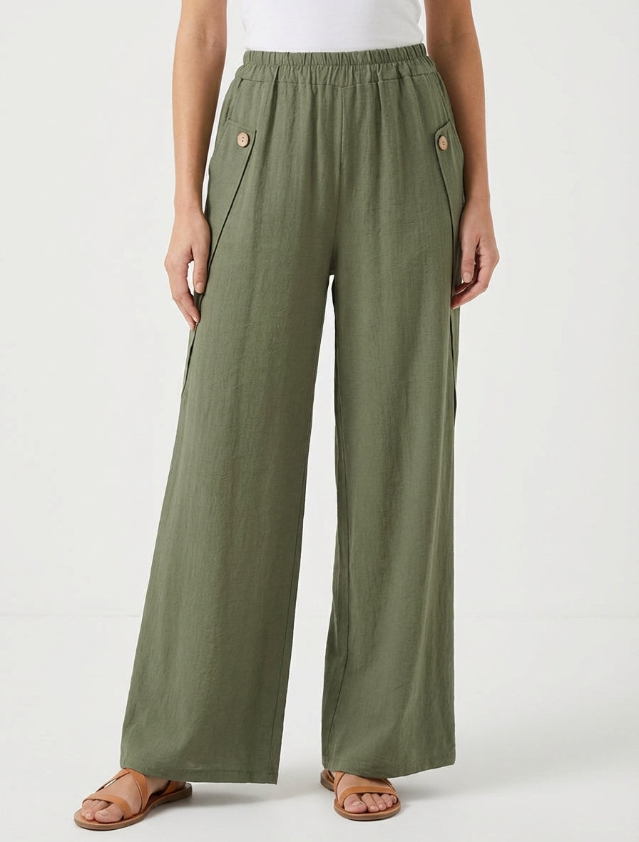 Pantaloni ampi tinta unita con bottoni decorativi. - Cachi