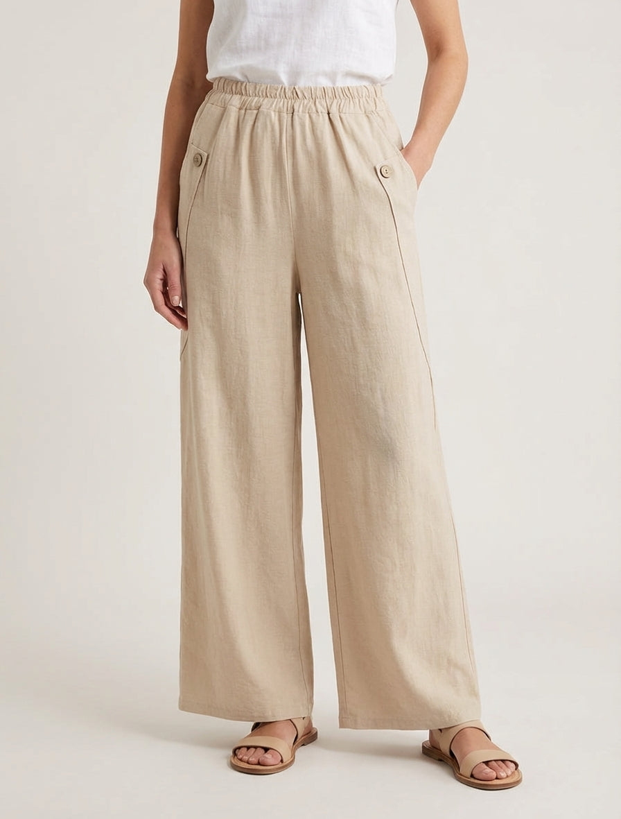 Pantaloni ampi tinta unita con bottoni decorativi. - Beige