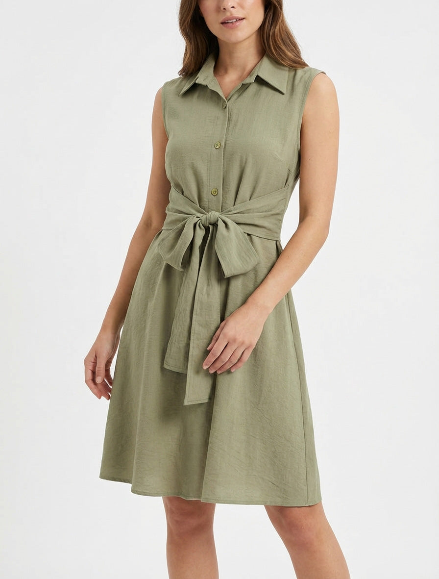 Abito camicia senza maniche con lacci da annodare - Verde oliva