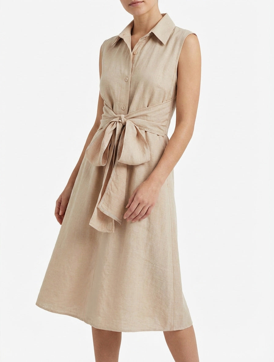 Abito camicia senza maniche con lacci da annodare - Beige